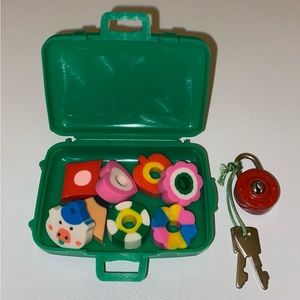 Vintage & New Green Cash Box With Lock & Key Filled With Vintage Erasers!!!